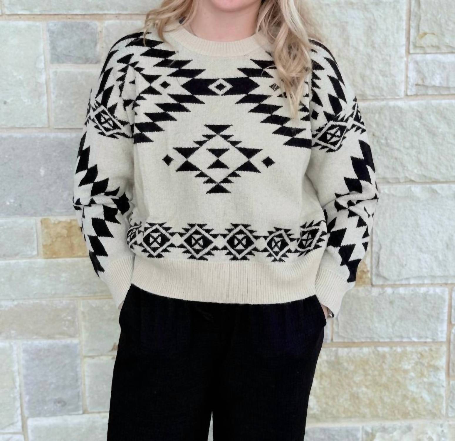 Lucky & Blessed Aztec Knitted Long Sleeve Sweater in black ivory - women's sweater - detail view