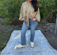 Young Threads Floral Embroidered Patchwork Top in khaki pink - women's blouse