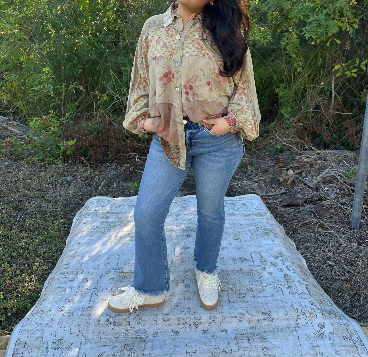 Young Threads Floral Embroidered Patchwork Top in khaki pink - women's blouse