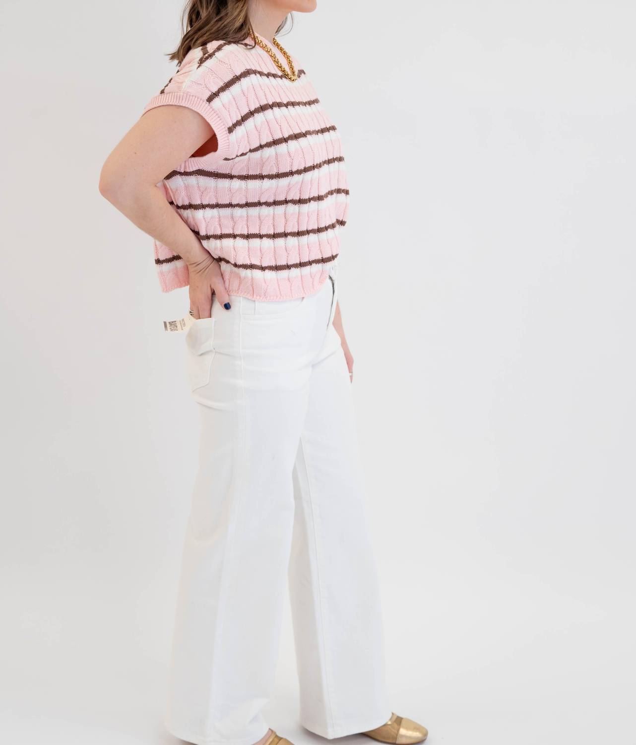 OLIVACEOUS Laci Striped Sleeveless Sweater in blush brown - women's cardigan - detail view