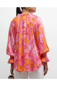 Finley Candace Floral Blouson Sleeve Top in royal hawaiian orange pink - women's blouse - detail view