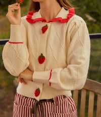 LovLov Strawberry Sailor Collar Cardigan in cream - women's cardigan - alternate view