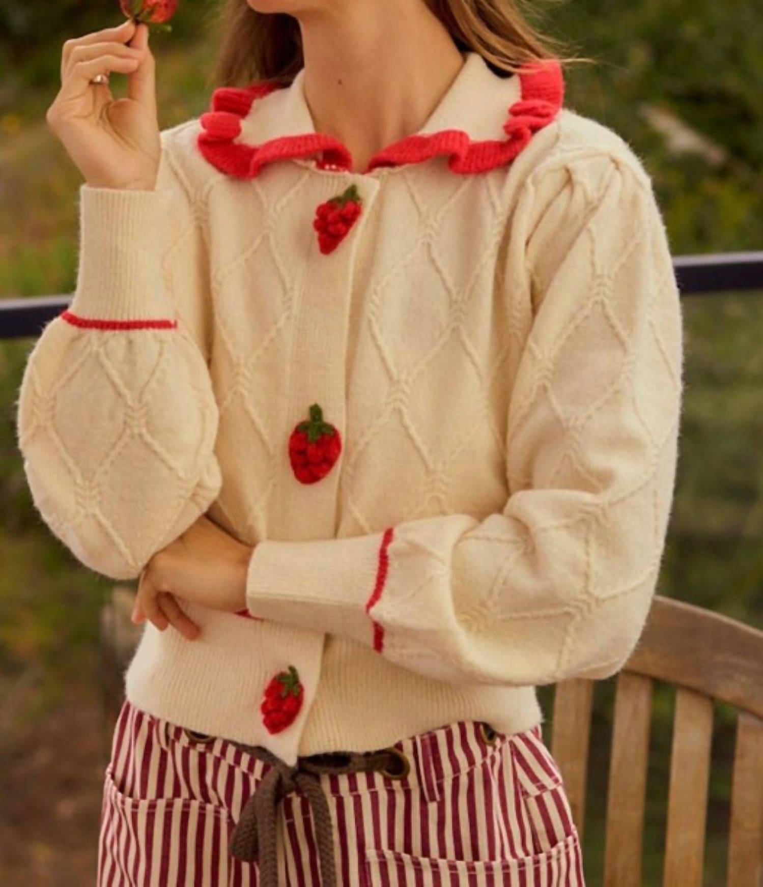 LovLov Strawberry Sailor Collar Cardigan in cream - women's cardigan - alternate view