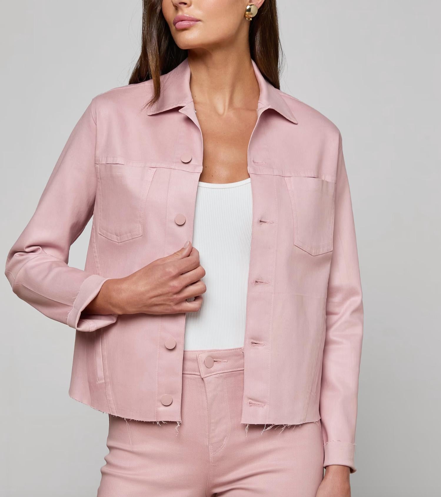 L'Agence Janelle Slim Raw Jacket in pale rose coated - women's jacket