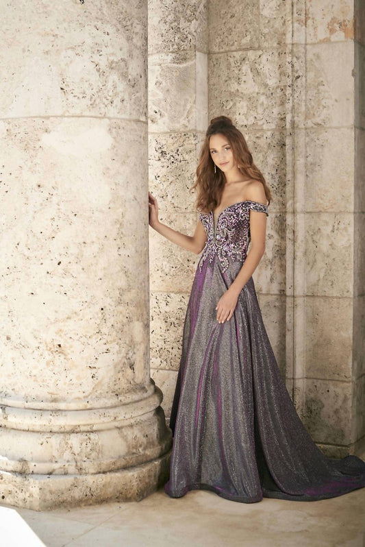 Panoply - Women's Beaded Off Shoulder Shimmer Gown