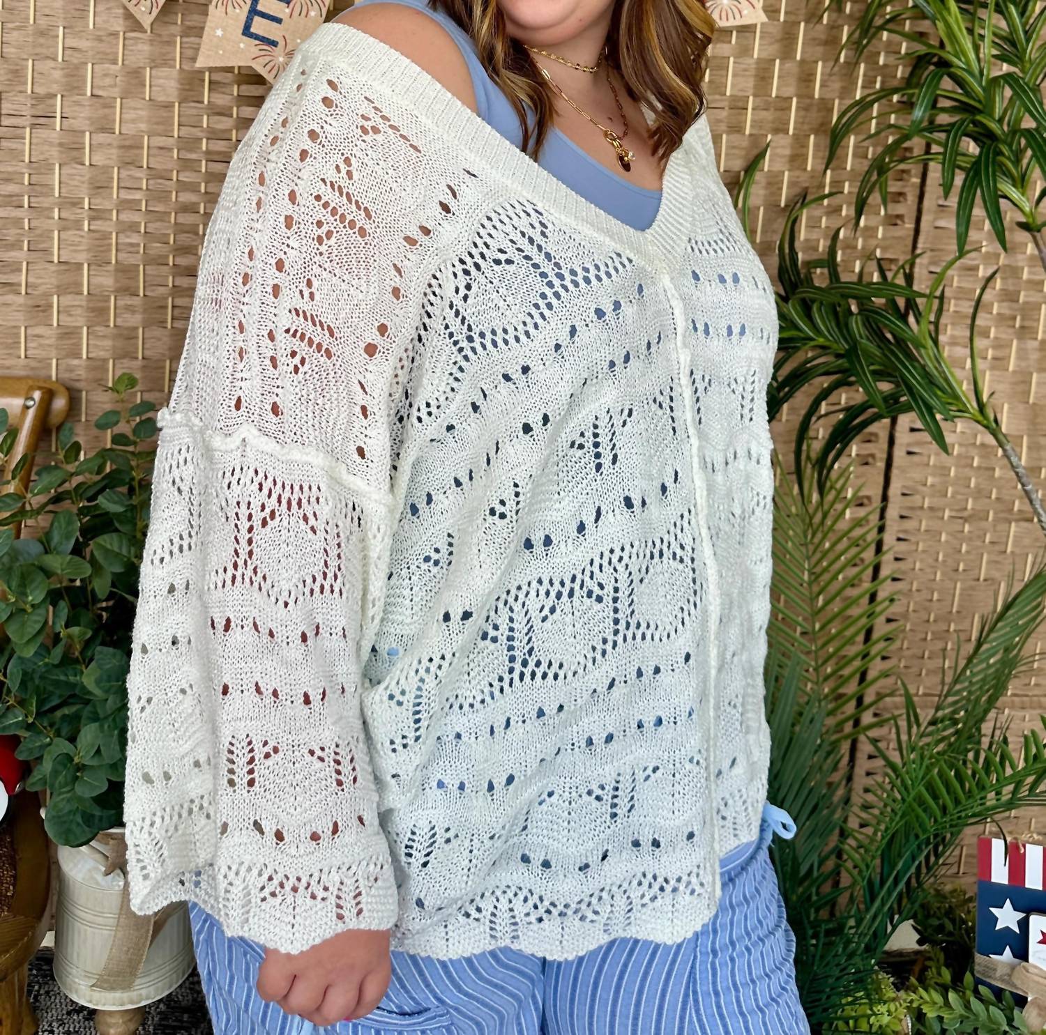 Pol - Crochet Short Sleeve Scalloped Edge Oversized Top