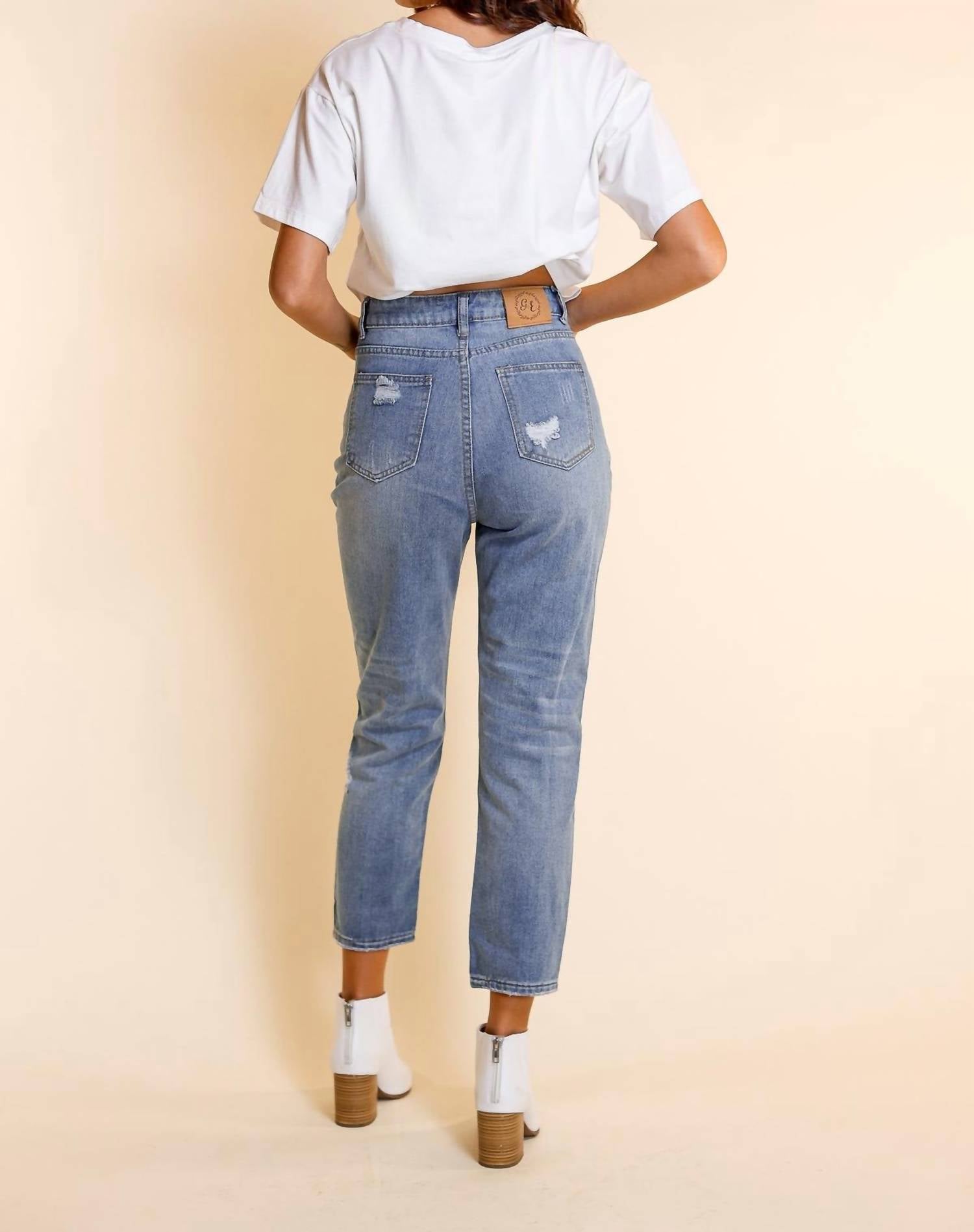 The Savannah Mid Rise Straight Fit Distressed Denim