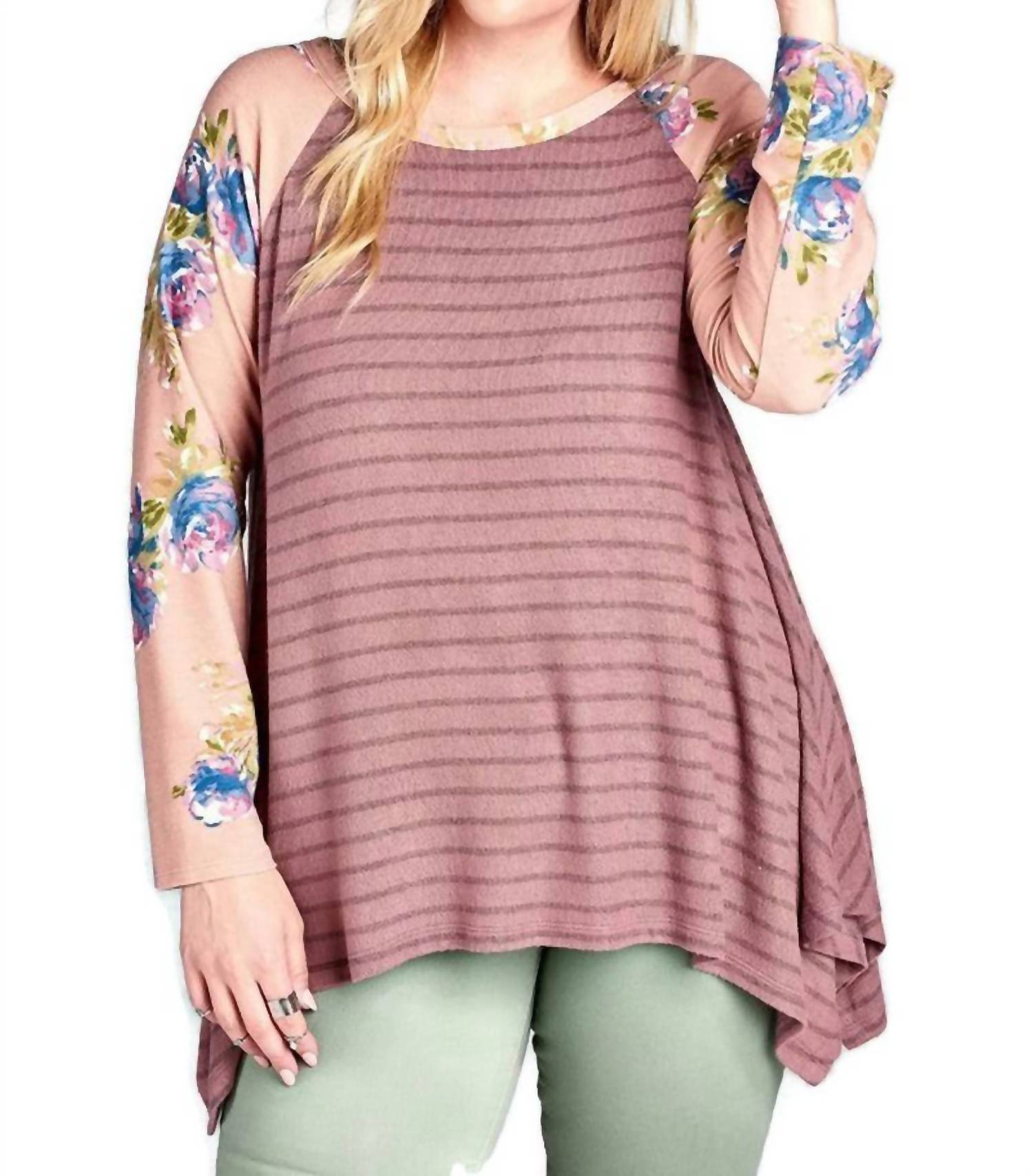 Umgee - Floral & Striped Knit Trapeze Tunic - PLUS
