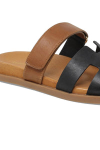 Django & Juliette Women's Nodette Flat Leather Sandal in black tan - women's sandal - detail view