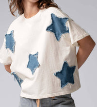 Urban Daizy Star Appliqué Cotton Tee in cream - women's t-shirt - alternate view