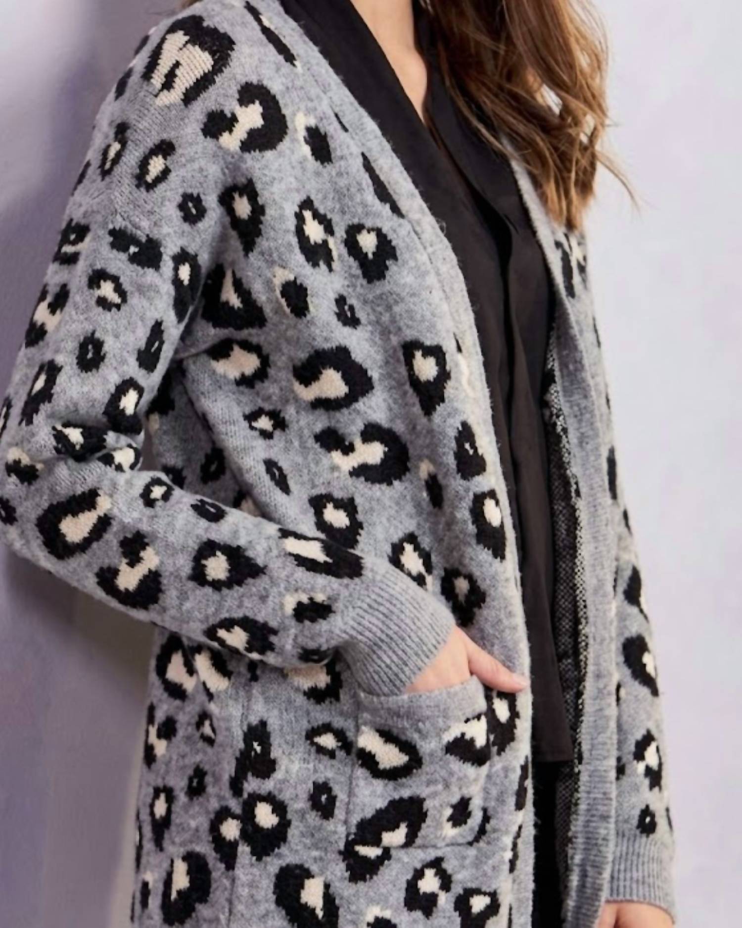Charlie Paige Leopard Long Cardigan in grey - women's cardigan