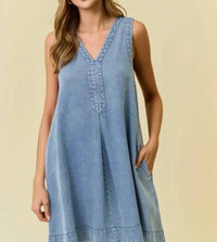 Doe And Rae - Denim V Neck Sleeveless Mini Dress