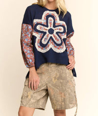 Davi & Dani - Waffle Knit Floral-sleeve Top