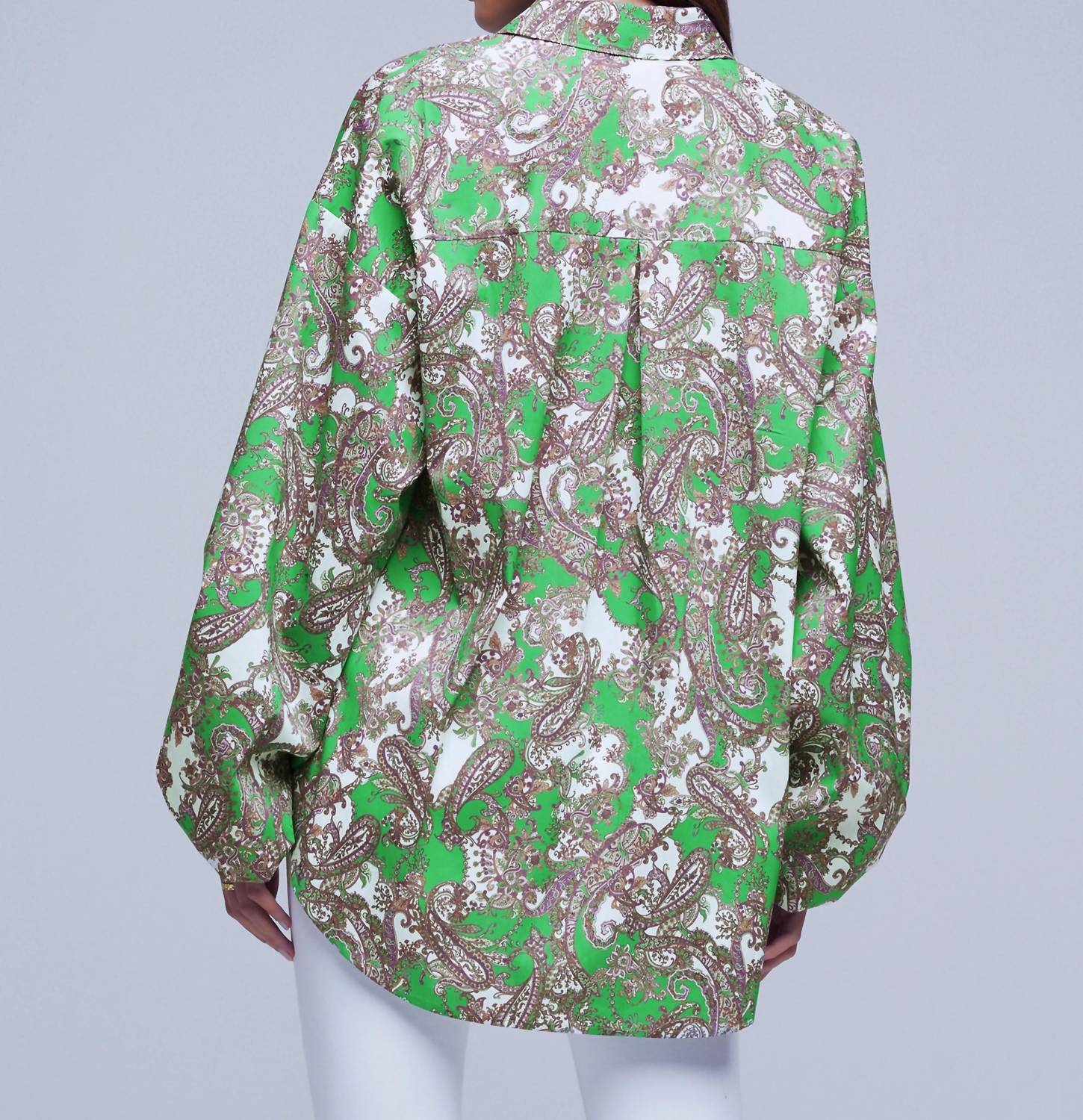 L'Agence Mickey Tunic Blouse in grass green multi small paisley - women's shirt - detail view