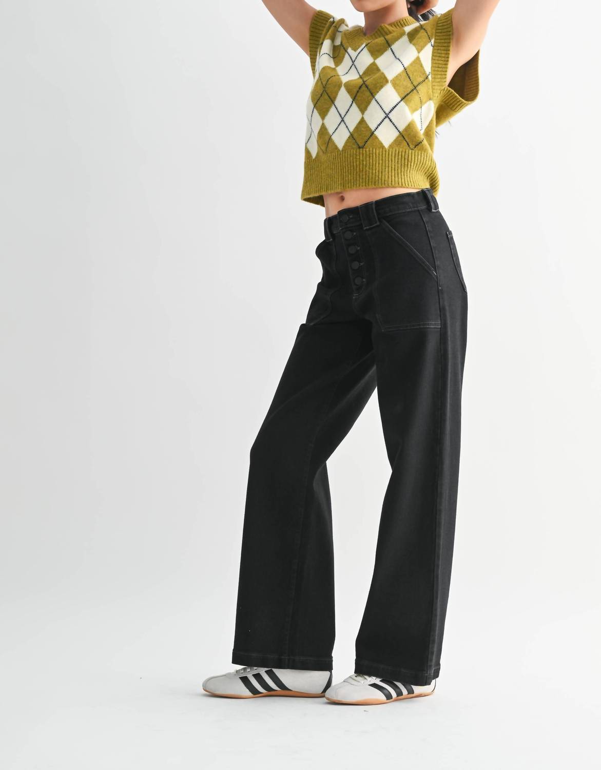 JUST BLACK DENIM Button Down Slim Wide Leg Jean in black - women's jeans - alternate view