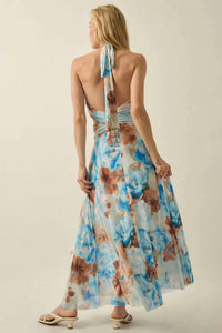 Promesa - Floral Mesh Halter Cut-out Maxi Dress