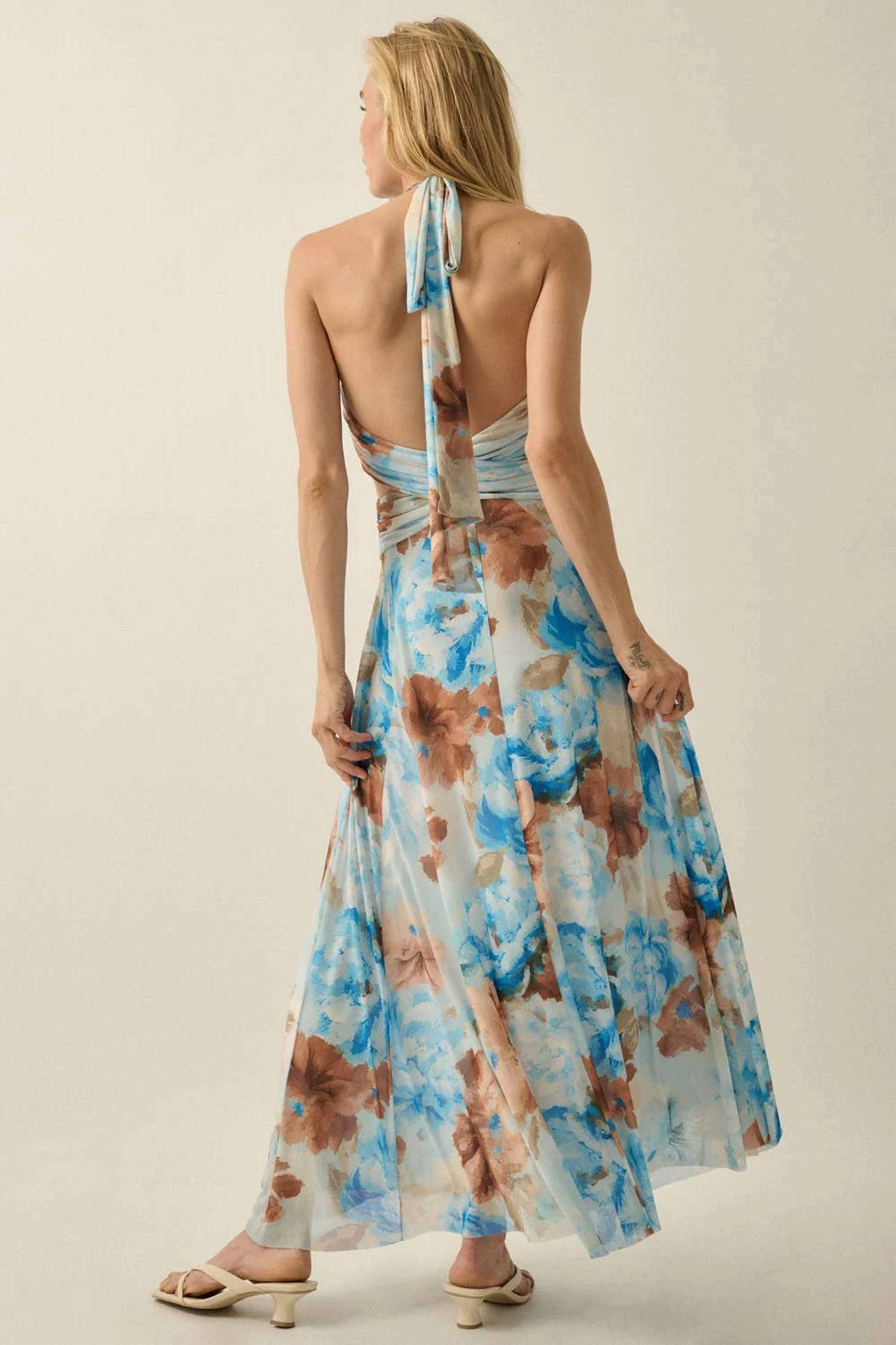 Promesa - Floral Mesh Halter Cut-out Maxi Dress
