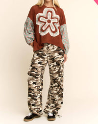 Davi & Dani - Waffle Knit Floral-sleeve Top