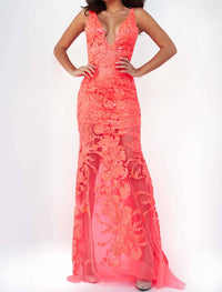 Jovani - Plunging Neckline Embellished Prom Dress