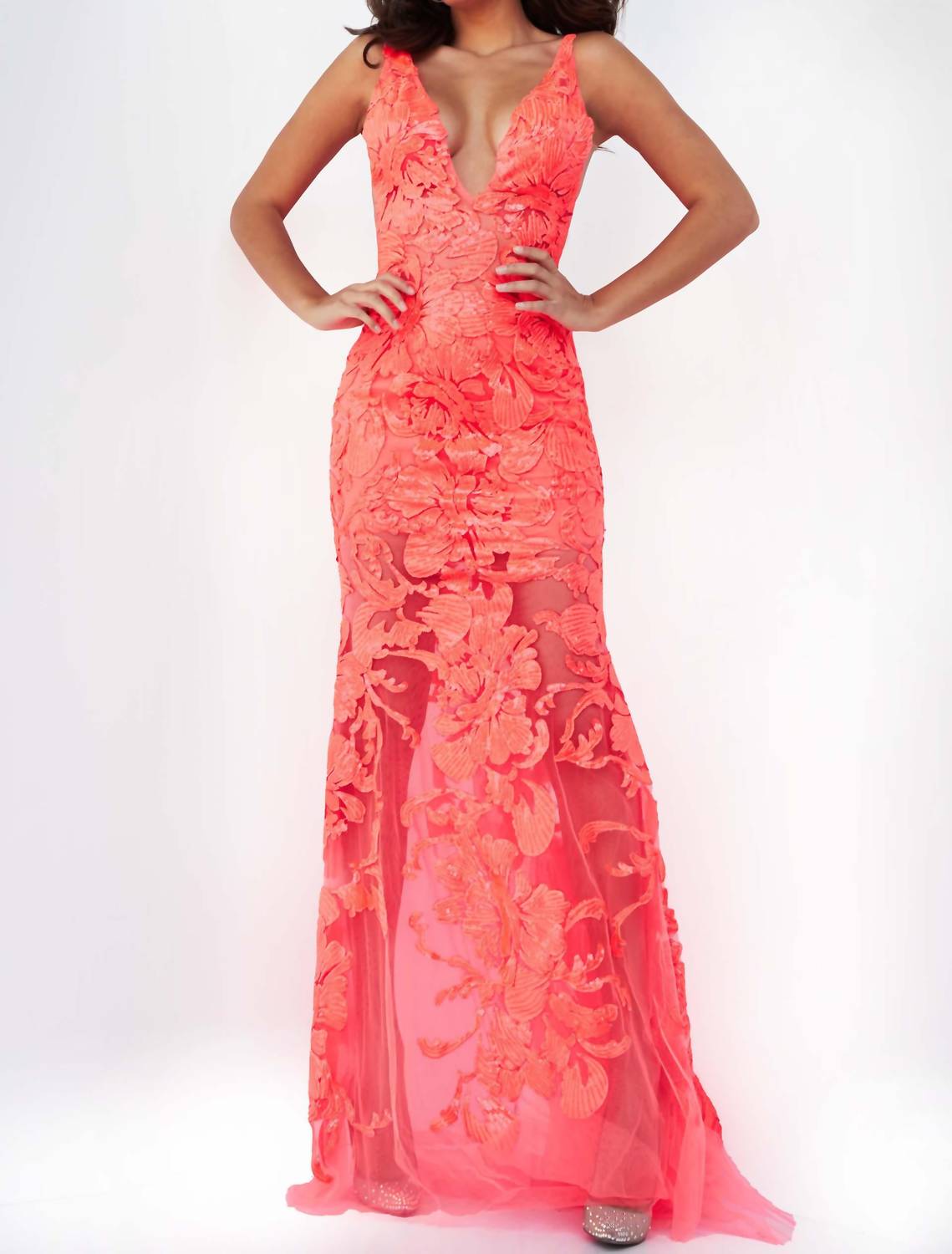 Jovani - Plunging Neckline Embellished Prom Dress