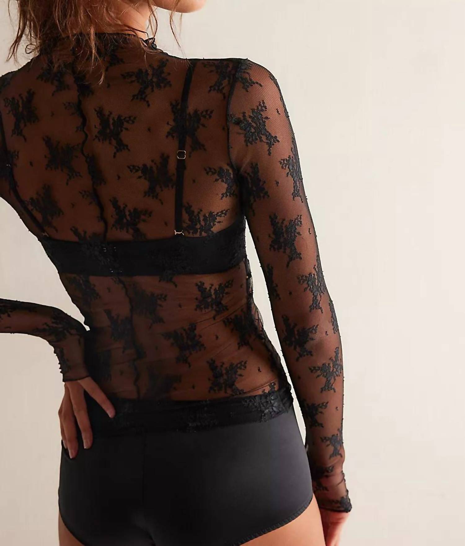 Free People Women’s Lady Lux Layering Top in black - women's long sleeve top - detail view