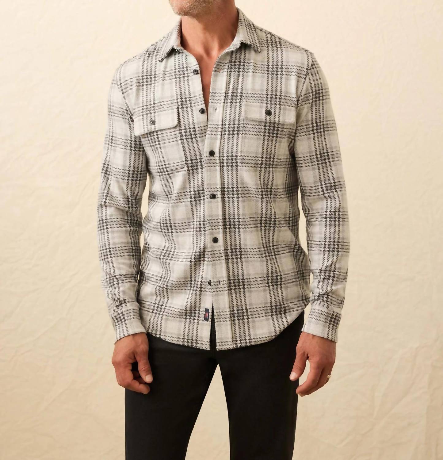 Faherty Double Pocket Legend Sweater Shirt in charcoal cream plaid - men's shirt