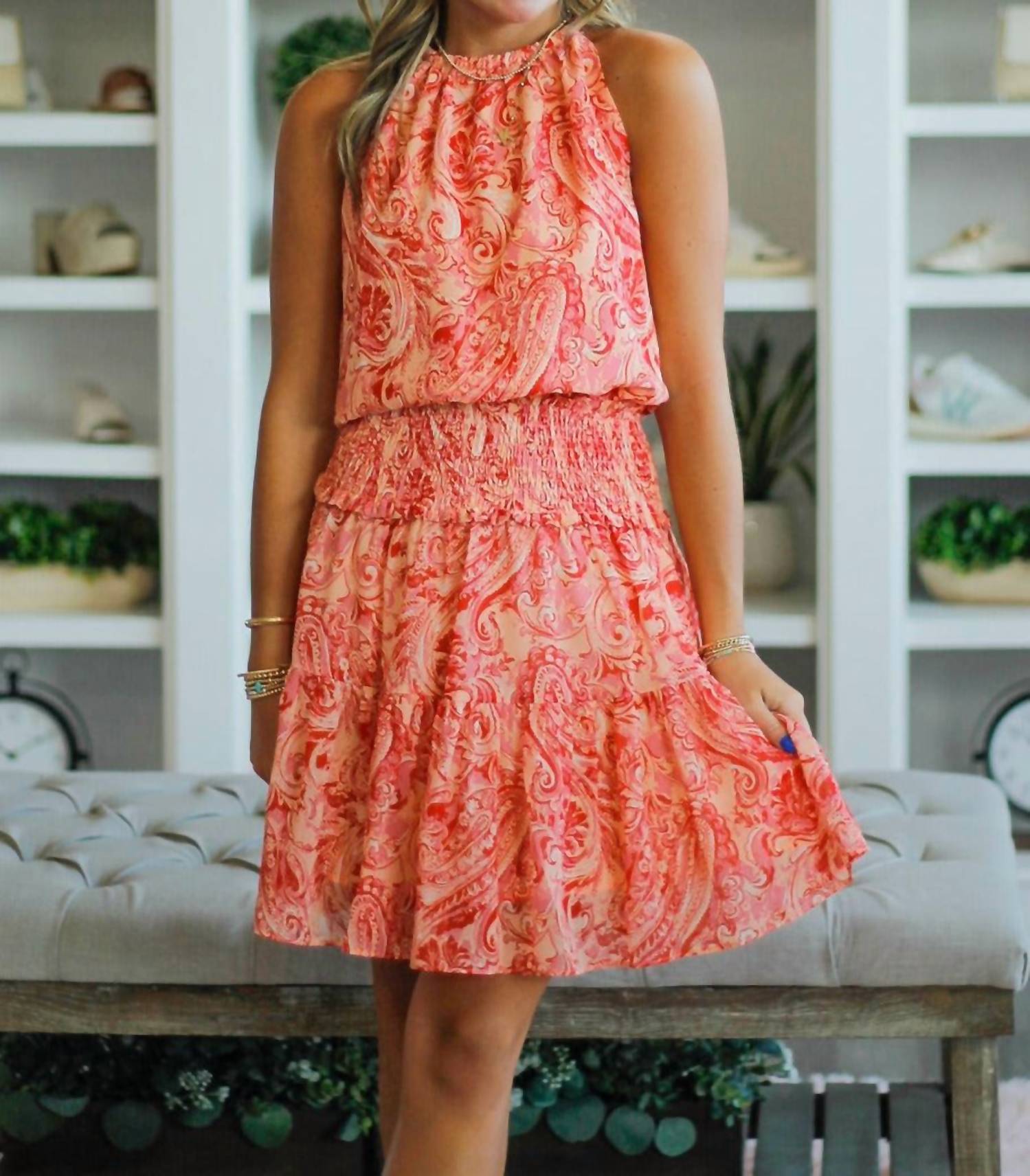 PINCH Smocked Waist Dress in red paisley - women's dress