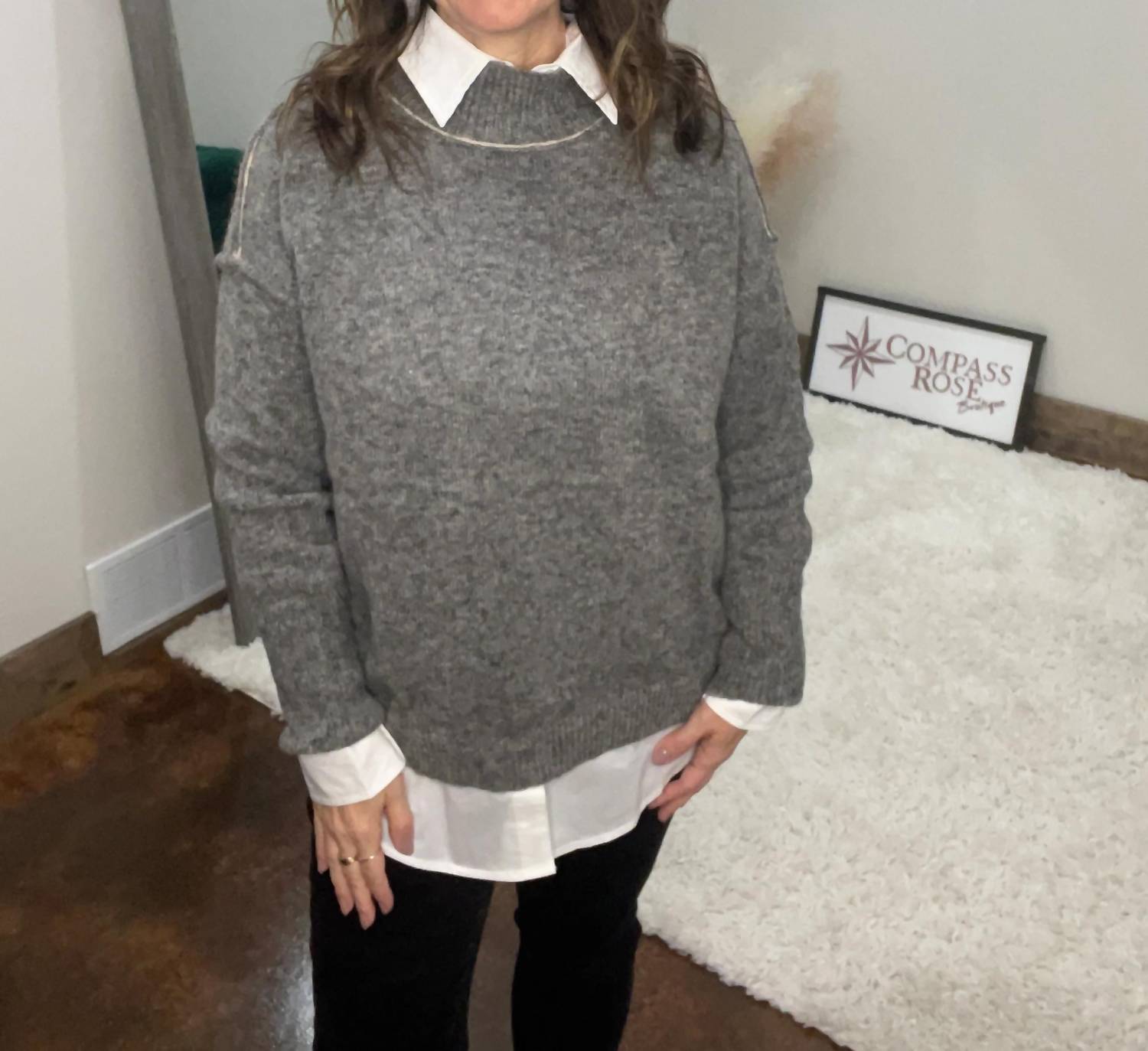 La Miel - Loose Fit Mock Neck Exposed Seaming Detailed Sweater