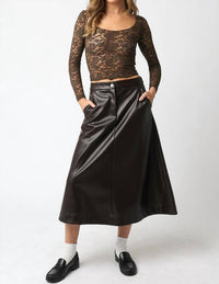OLIVACEOUS Vegan Leather Midi Skirt in chocolate - women's skirt - view 4