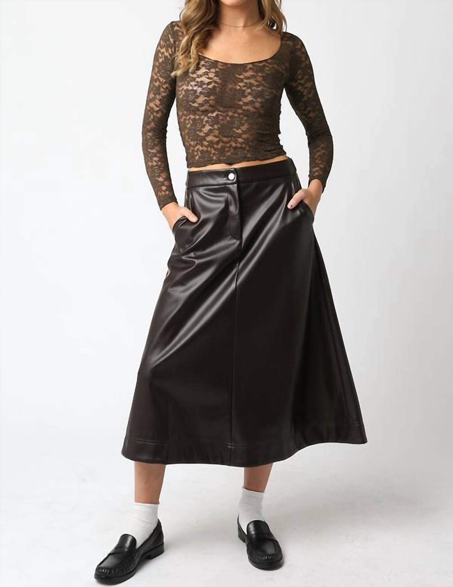 OLIVACEOUS Vegan Leather Midi Skirt in chocolate - women's skirt - view 4