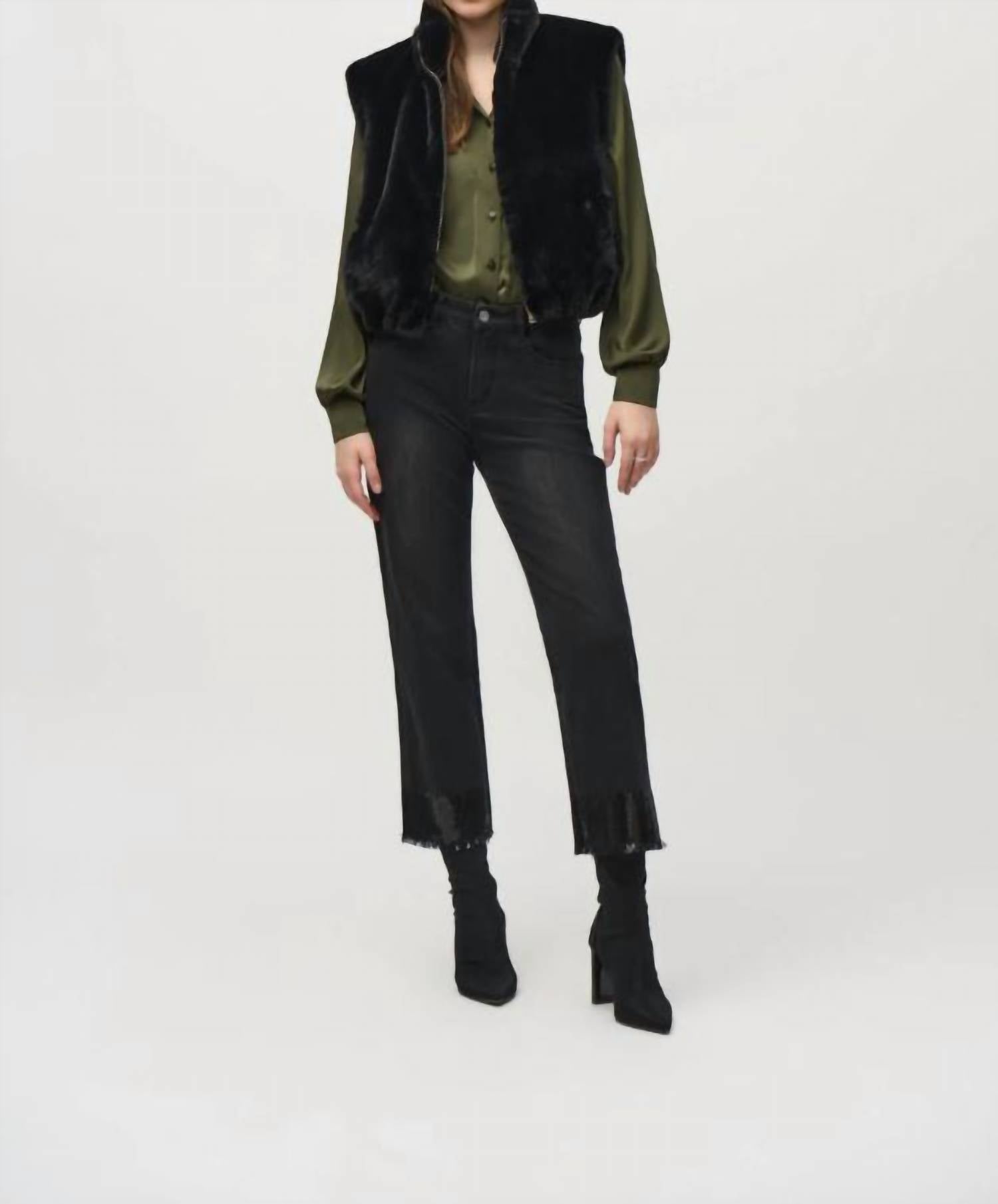 Joseph Ribkoff Faux-fur Sleeveless Cropped Vest in black - women's jacket - detail view