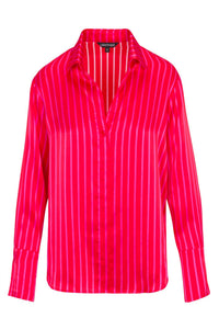catherine gee Daria French Cuff Silk Blouse in red pink stripe - women's blouse - alternate view