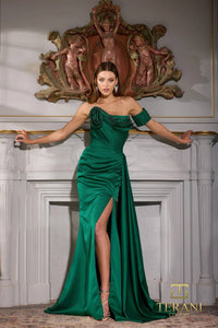 Terani Couture - Homecoming Strapless Slit Long Formal Matte Satin Dress