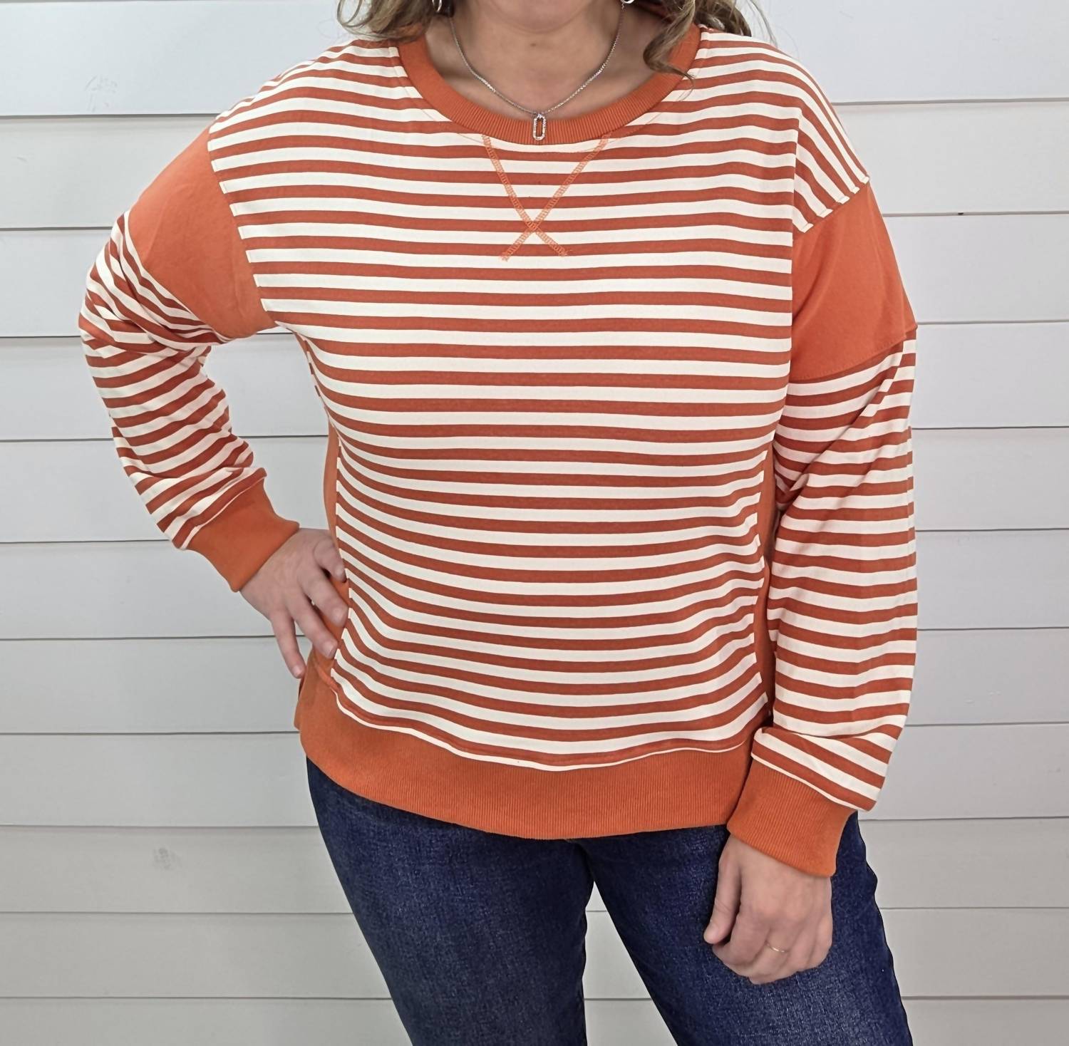 STACCATO Striped French Terry Pullover in tangerine cream - women's sweater - detail view