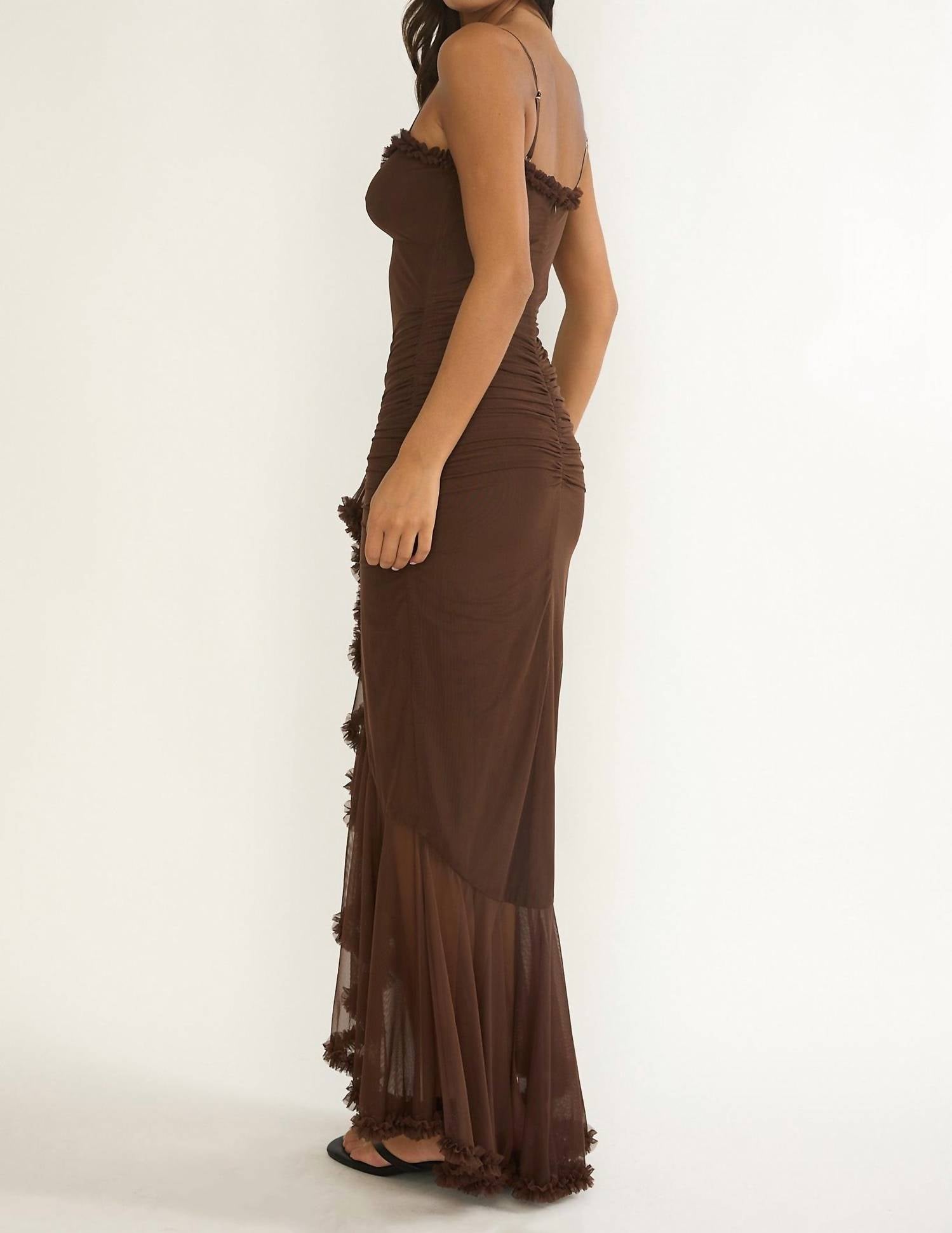 Blue Blush - Gathered Waist Frill Trim Maxi Dress