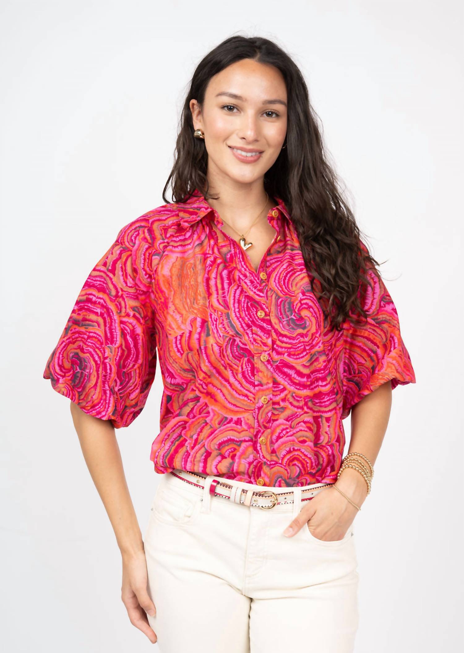 Ivy Jane Pouf Sleeve Campshirt in pink - women's shirt - alternate view