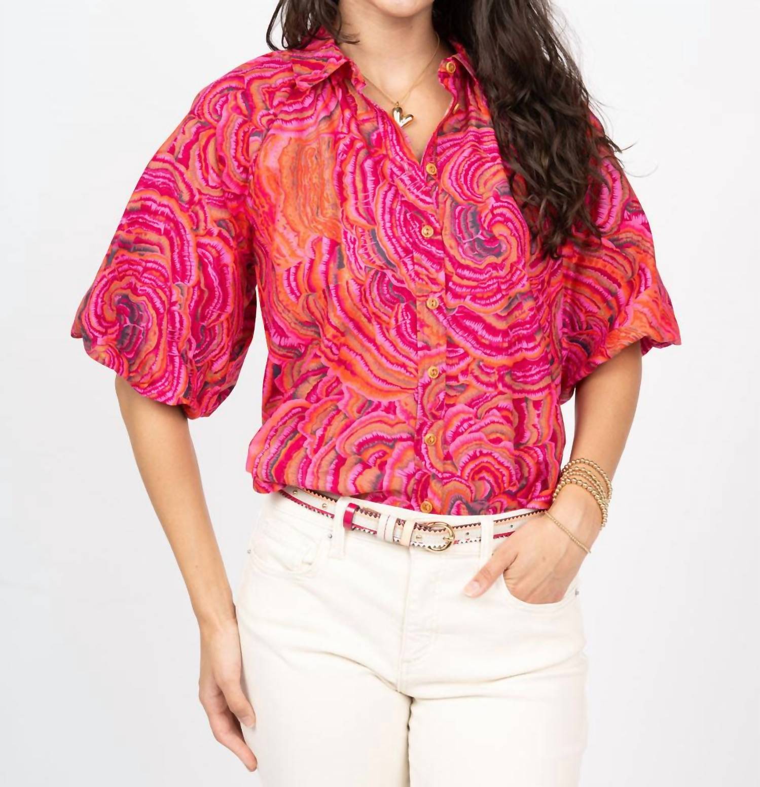 Ivy Jane Pouf Sleeve Campshirt in pink - women's shirt - detail view