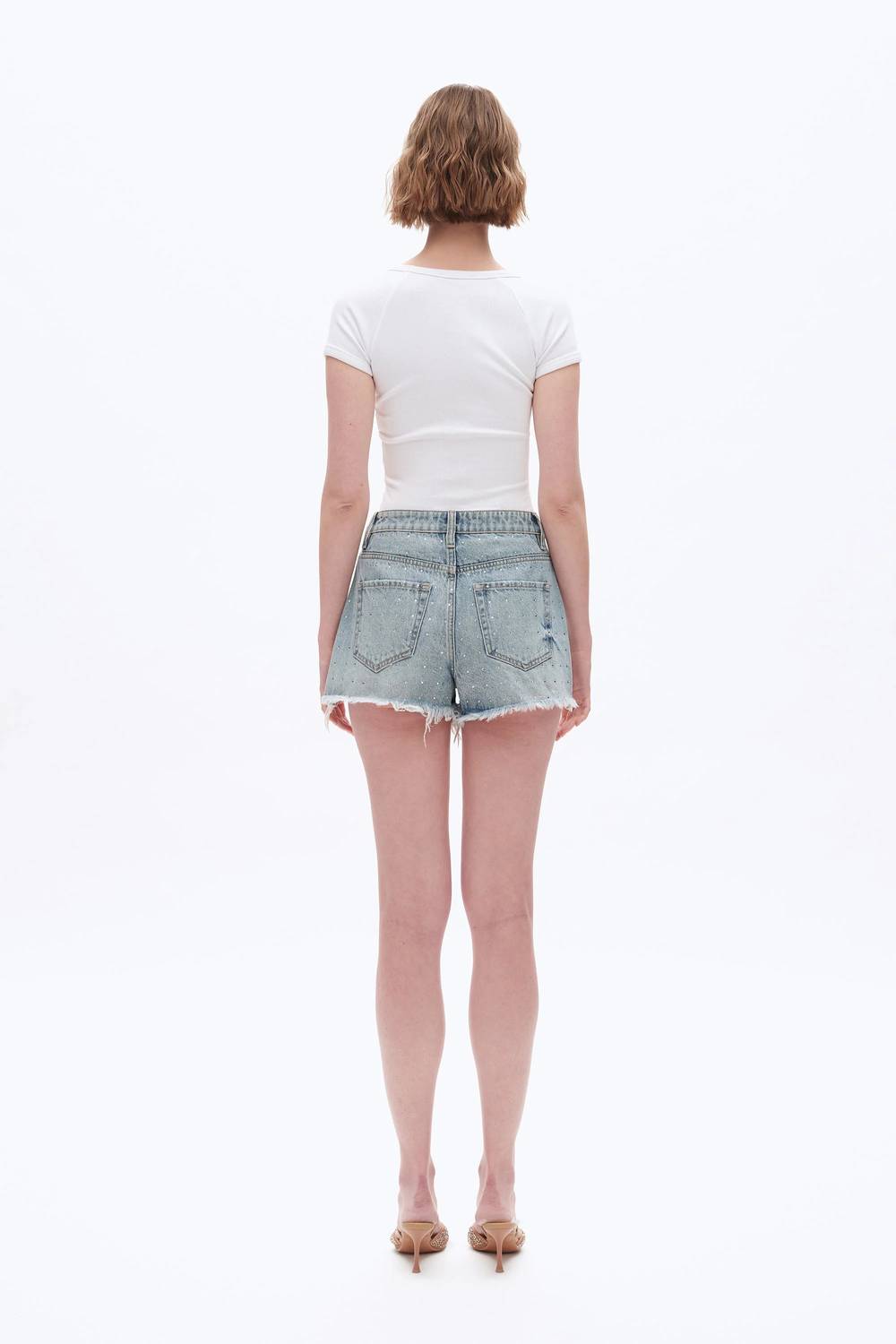Bayeas - Rhinestone Embellished High Rise Denim Shorts