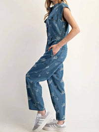 Ee:Some - Floral Embroidered Denim Cap Sleeve Jumpsuit