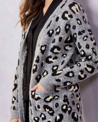 Charlie Paige Leopard Long Cardigan in grey - women's cardigan - detail view