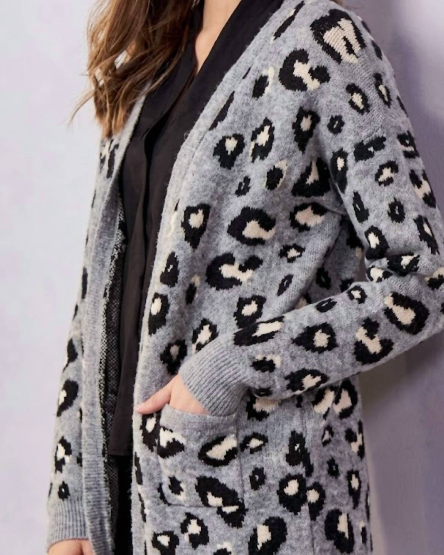 Charlie Paige Leopard Long Cardigan in grey - women's cardigan - detail view