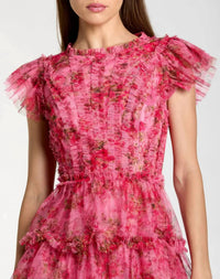 MAC DUGGAL Floral High Neck Cap Sleeve Ruffle Mini Dress in pink multi - women's dress - alternate view