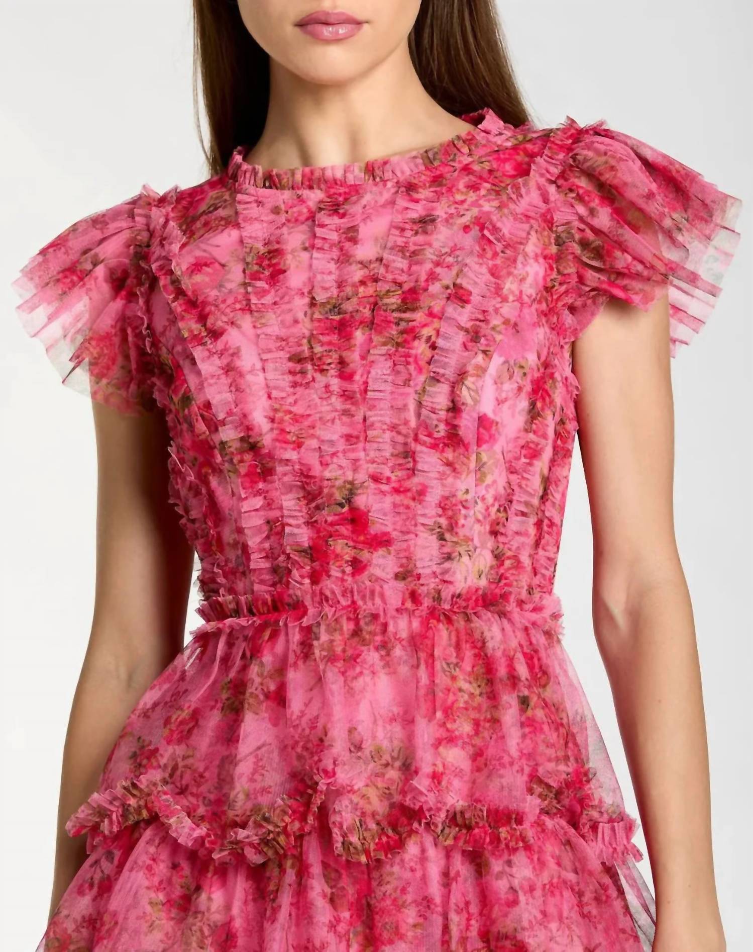 MAC DUGGAL Floral High Neck Cap Sleeve Ruffle Mini Dress in pink multi - women's dress - alternate view