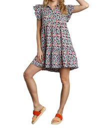 Umgee - Abstract Ruffled Sleeve Tiered Short Dress