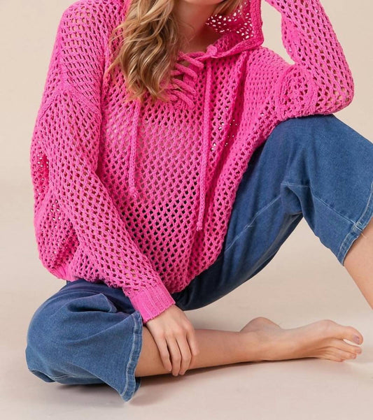 Bibi - Crochet Knit Front Cross Strap Hoodie Top