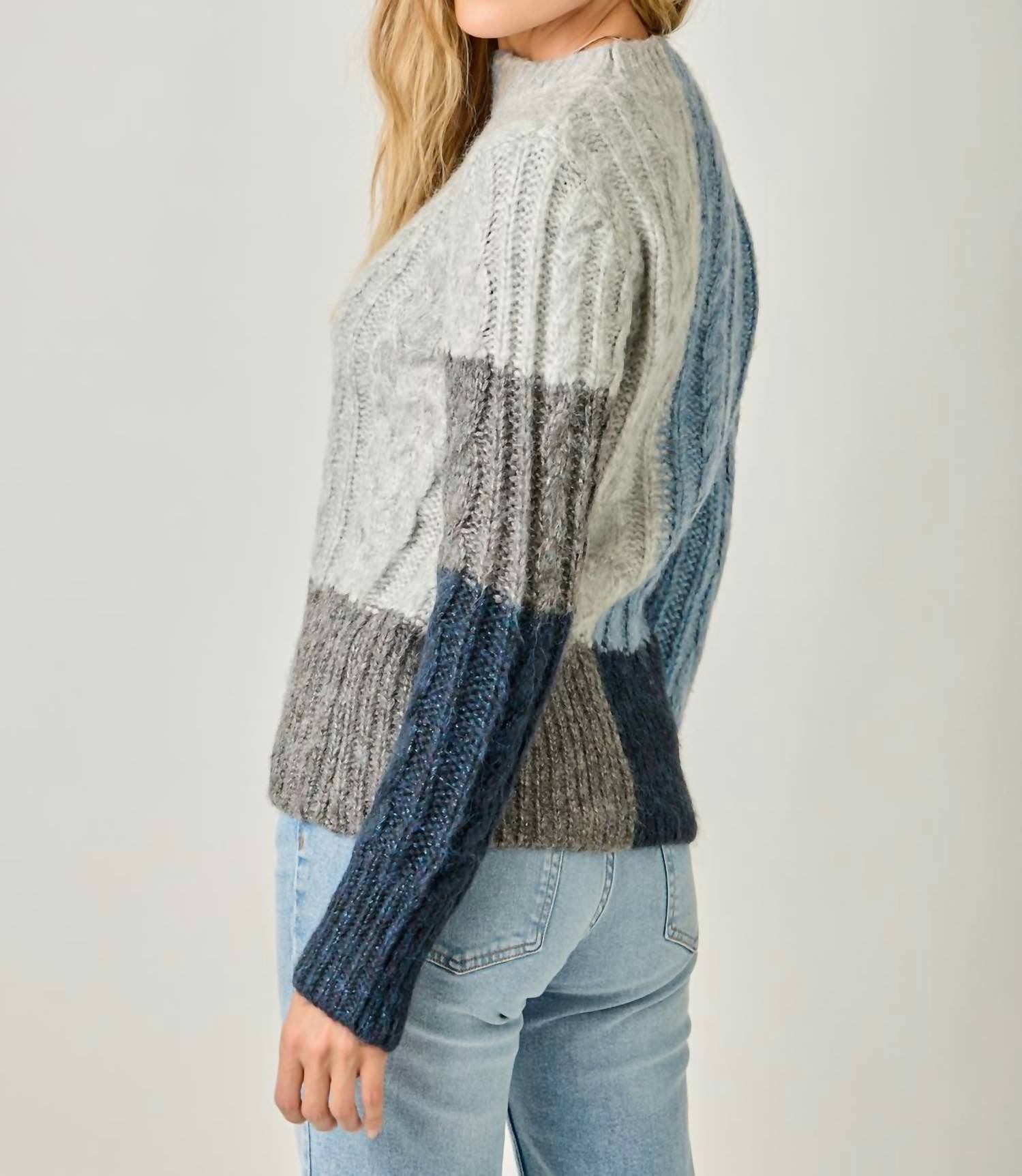 mystree Color Block Cable Knit Sweater in blue navy - women's sweater - view 6