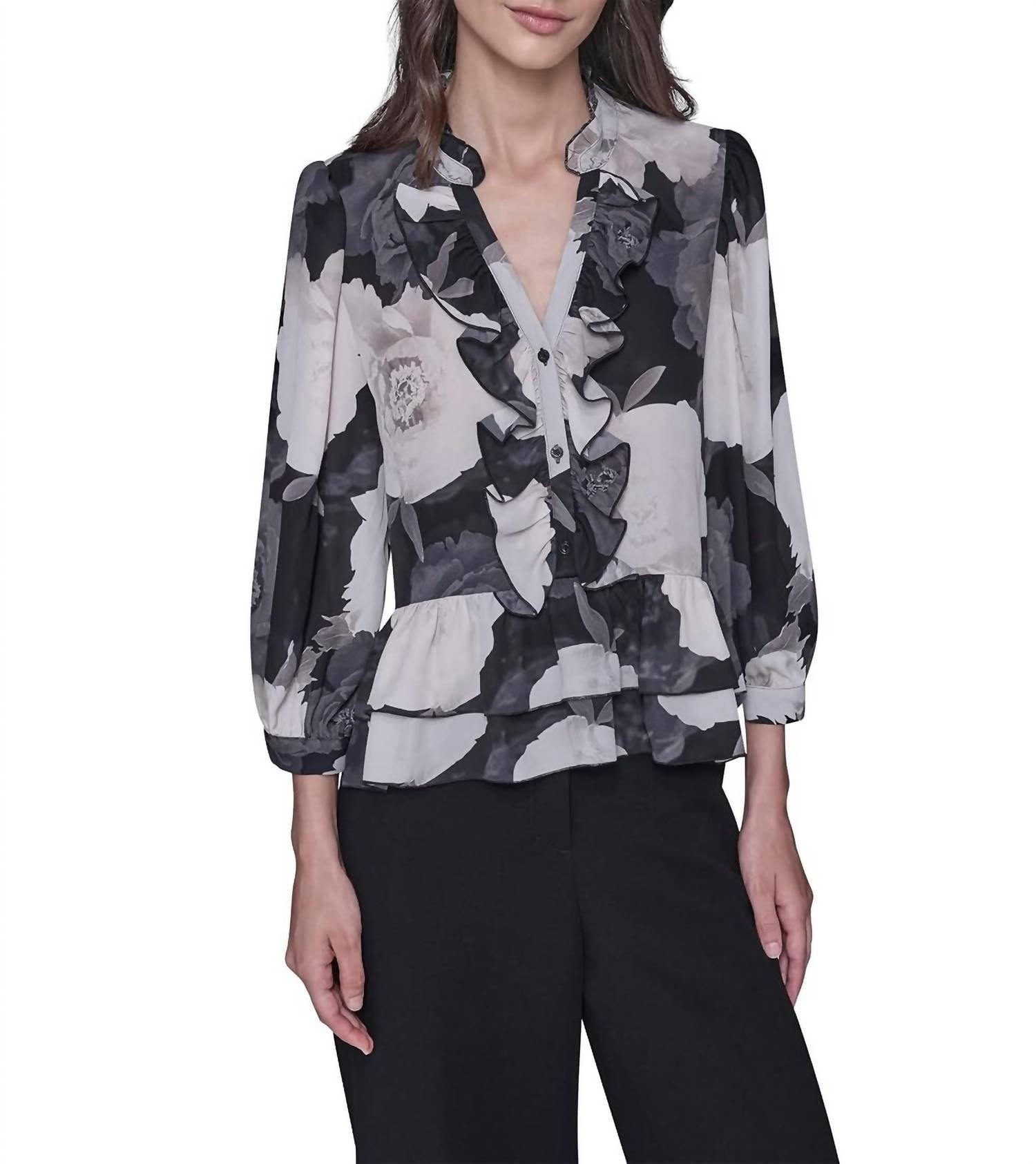 Karl Lagerfeld - V-neck Floral Print Ruffle Blouse