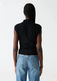 Michael Stars Amara Ribbed Power Shoulder Tee in black - women's shirt - detail view