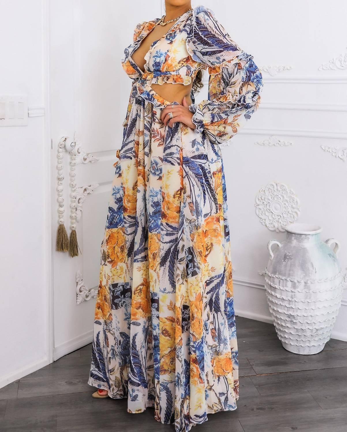 SurelyMine Boho Floral Cutout Lace-up Maxi Dress in cream - women's dress - alternate view