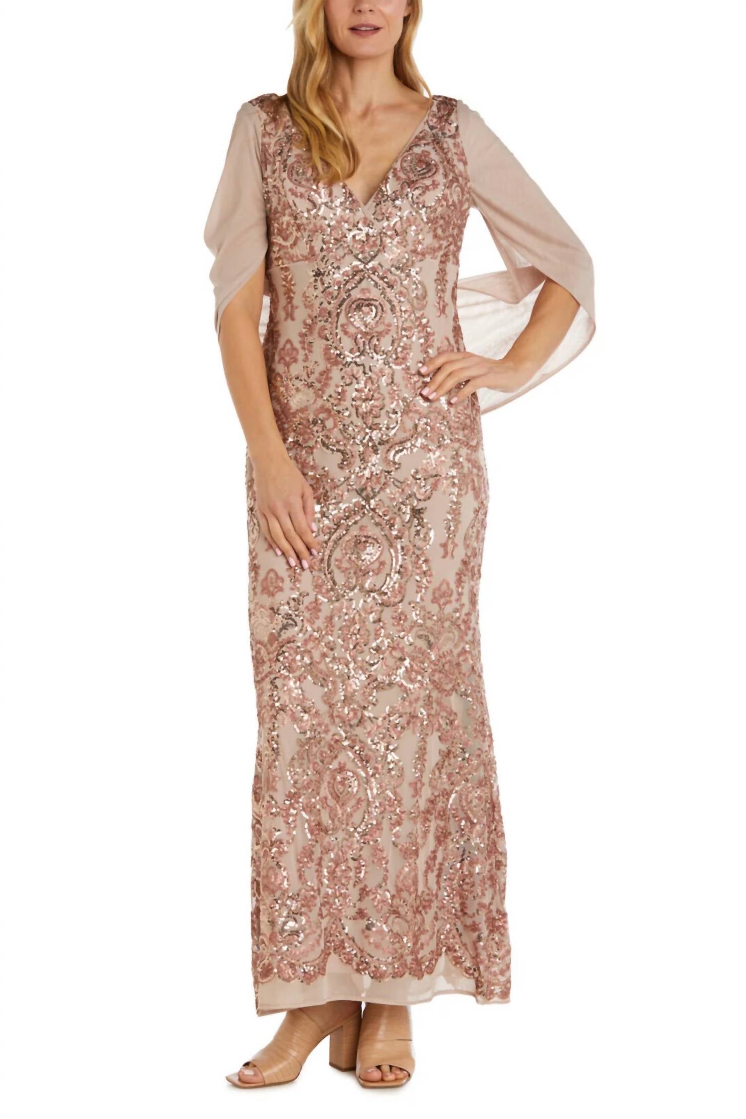 R&M Richards - Sheer Wrap Drape Cape Sequin Dress